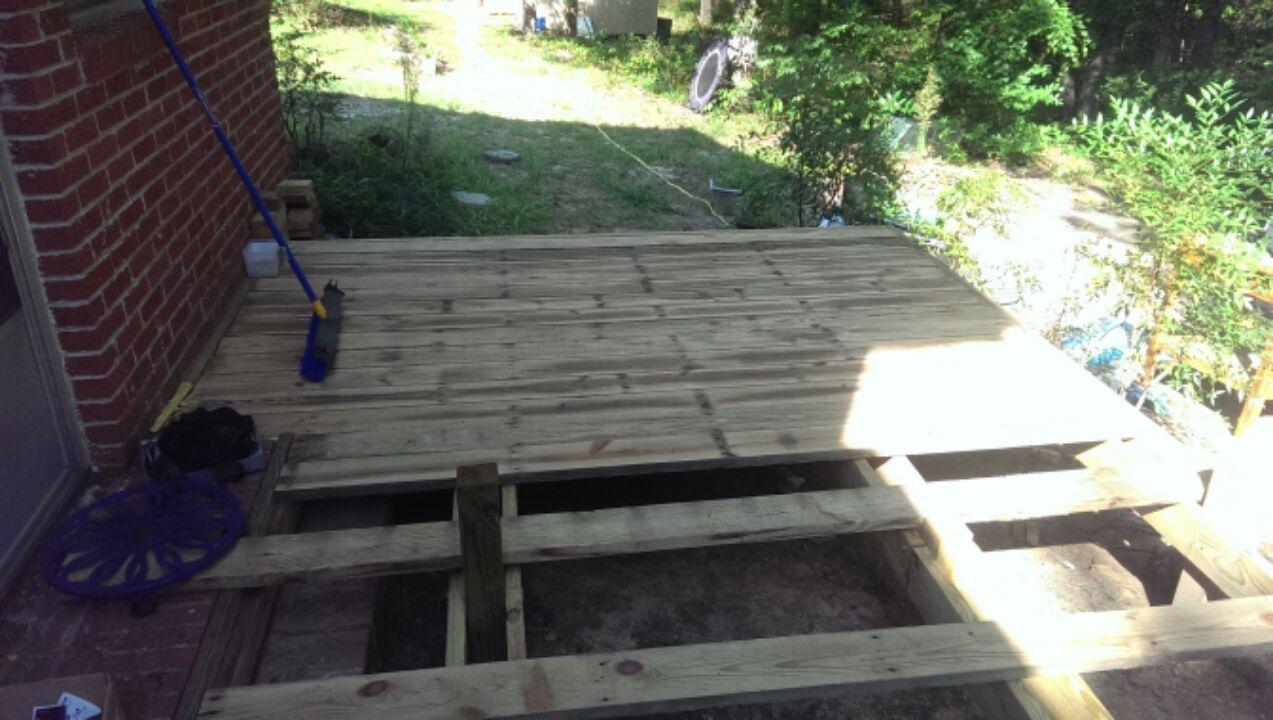 Joists and some decking boards installed